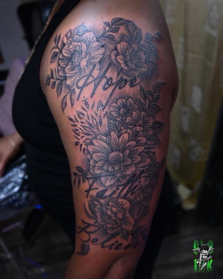 Black & Grey + Floral flowers tattoo on Half Sleeve by Global_Ink_Tattoos on TattMe
