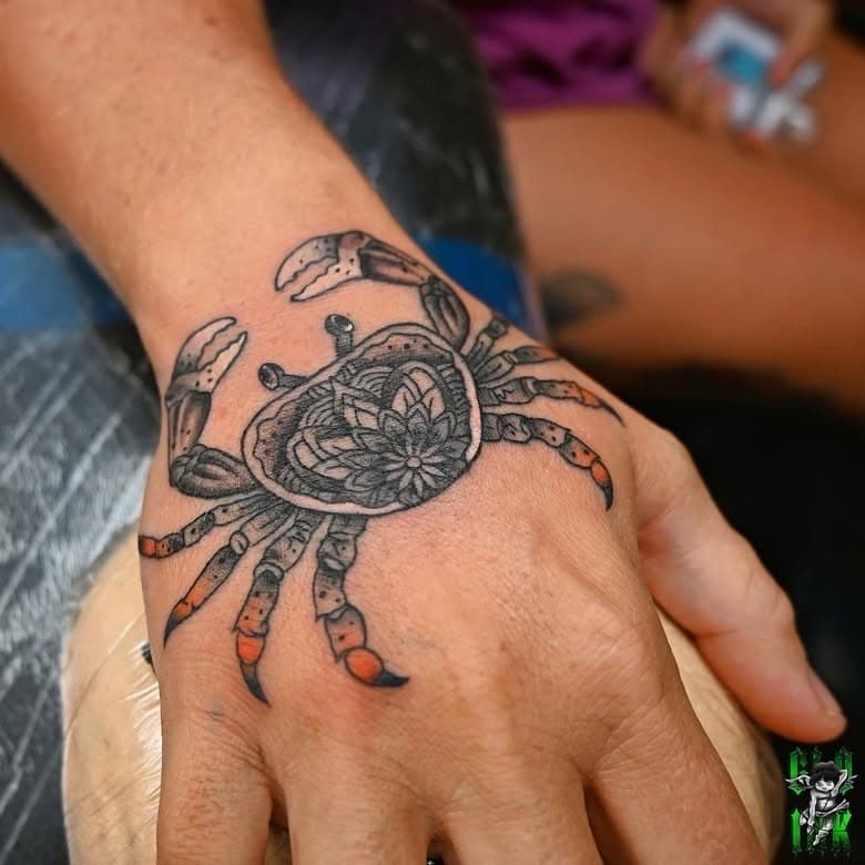 Black & Grey + Mandala crab tattoo on Hand by Global_Ink_Tattoos on TattMe
