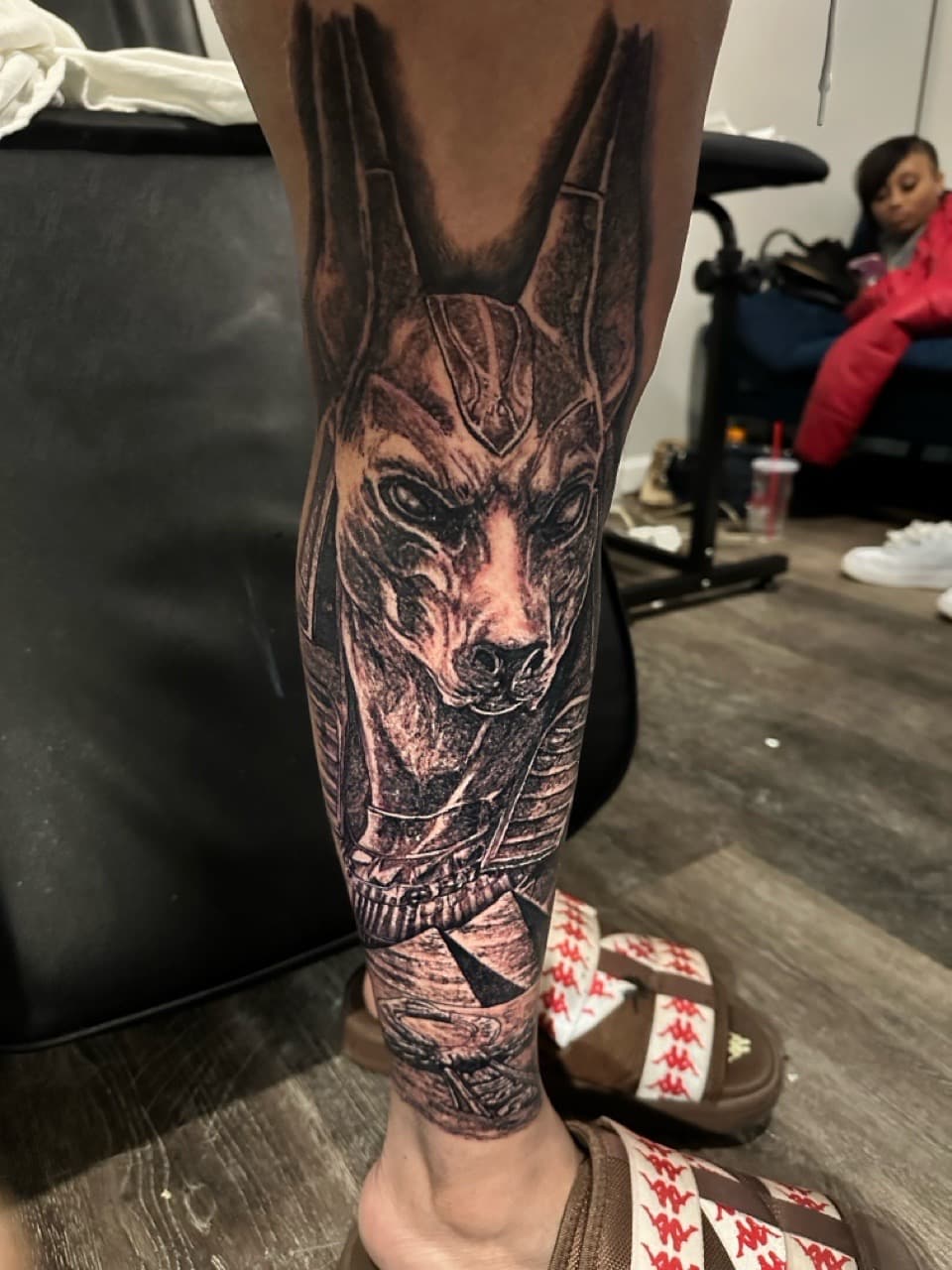 Black & Grey + Illustrative anubis tattoo on Calf by Spencetatts on TattMe