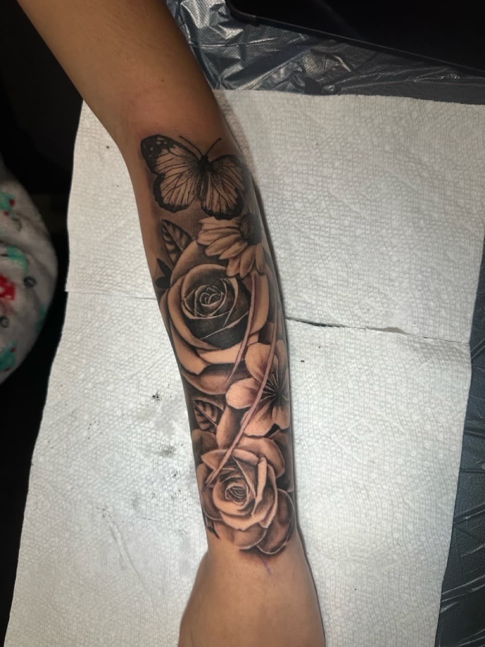 Black & Grey + Floral butterfly tattoo on Forearm by Spencetatts on TattMe