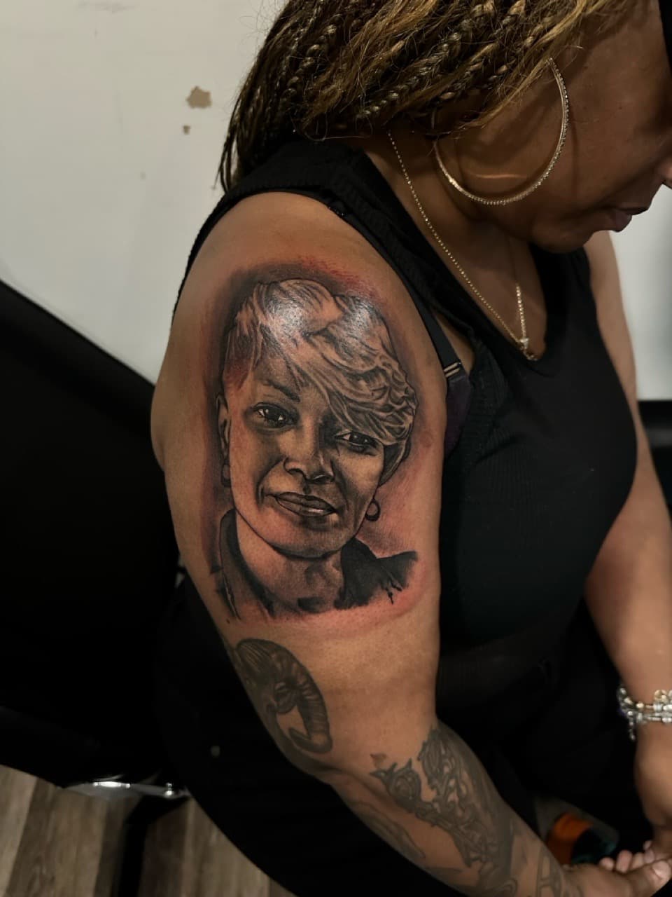 Black & Grey + Realism smile tattoo on Upper Arm by Spencetatts on TattMe