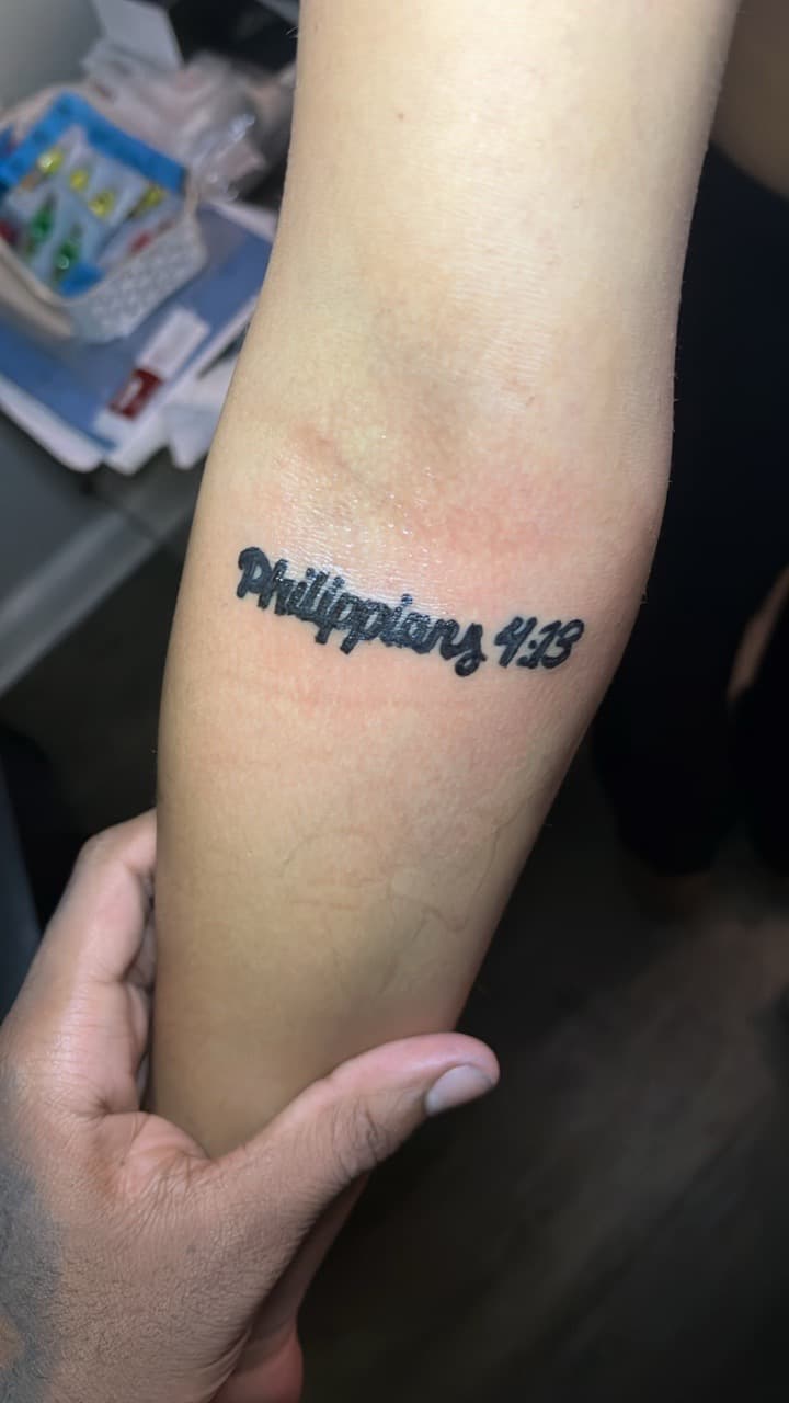 Script + Lettering scripture tattoo on Forearm by TattedbyC3 on TattMe
