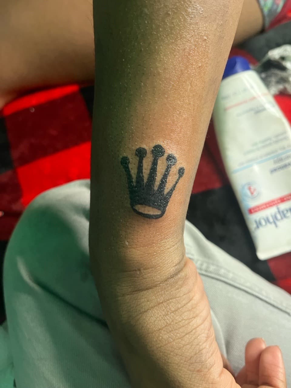 Black-work + Minimalist crown tattoo on Forearm by TattedbyC3 on TattMe