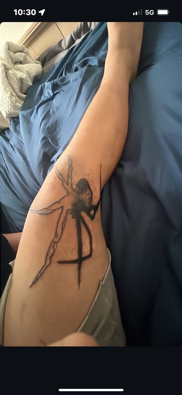Black-work + Line-work spider tattoo on Thigh by TattedbyC3 on TattMe