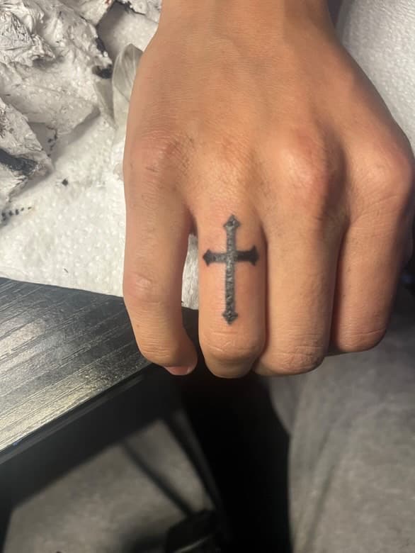 Black-work + Minimalist cross tattoo on Fingers by TattedbyC3 on TattMe