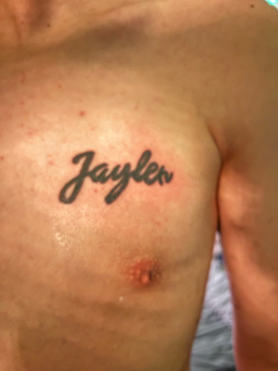 Lettering + Script name tattoo on Chest by TattedbyC3 on TattMe