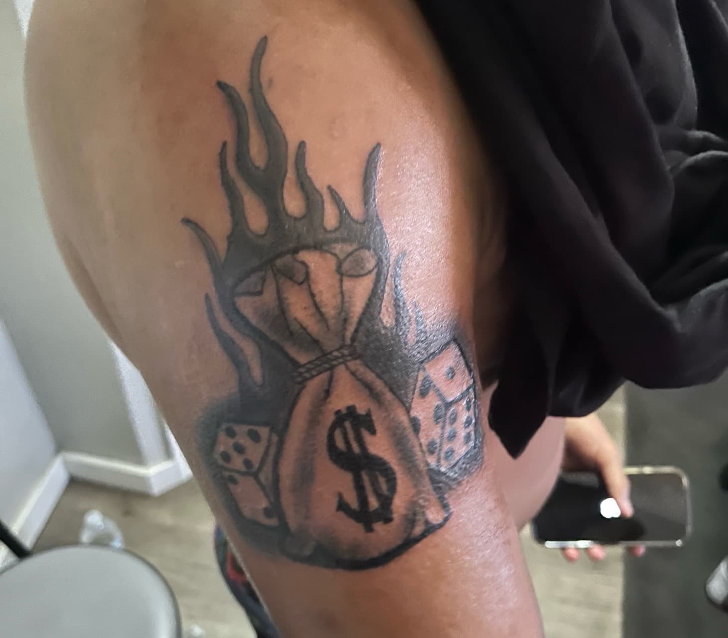 Black & Grey + Illustrative money bag tattoo on Thigh by TattedbyC3 on TattMe