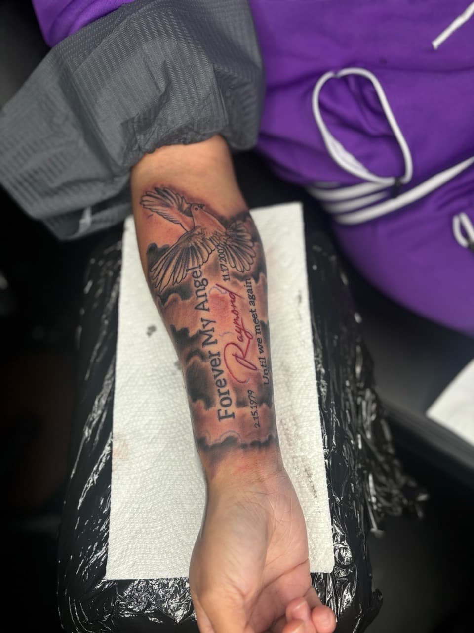 Black & Grey + Lettering dove tattoo on Forearm by Lottooink on TattMe