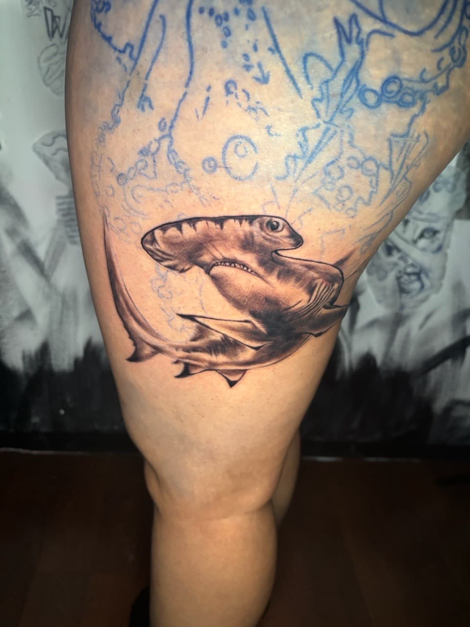 Black & Grey + Realism hammerhead shark tattoo on Thigh by Lottooink on TattMe
