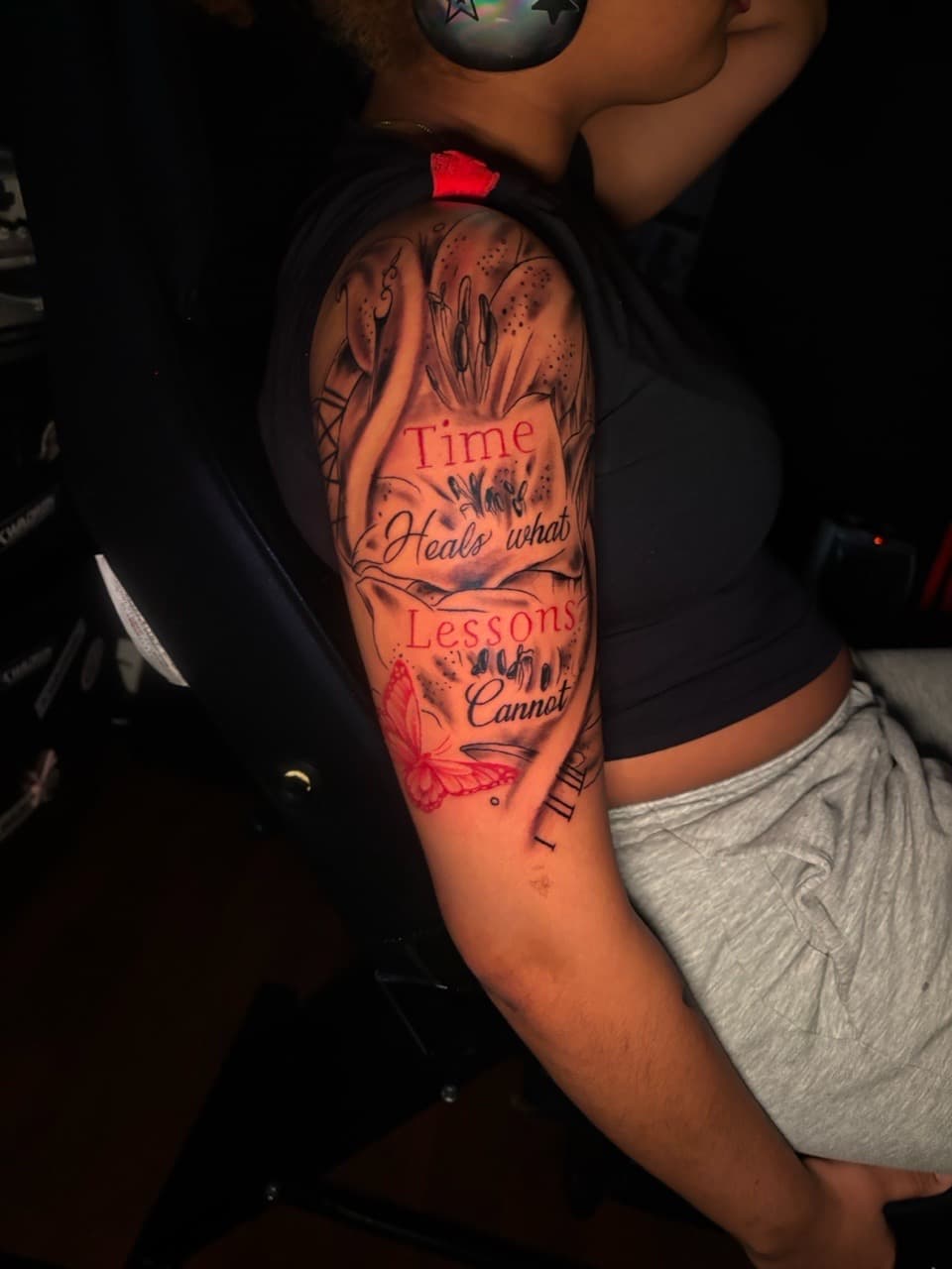 Lettering + Script lilies tattoo on Upper Arm by Lottooink on TattMe