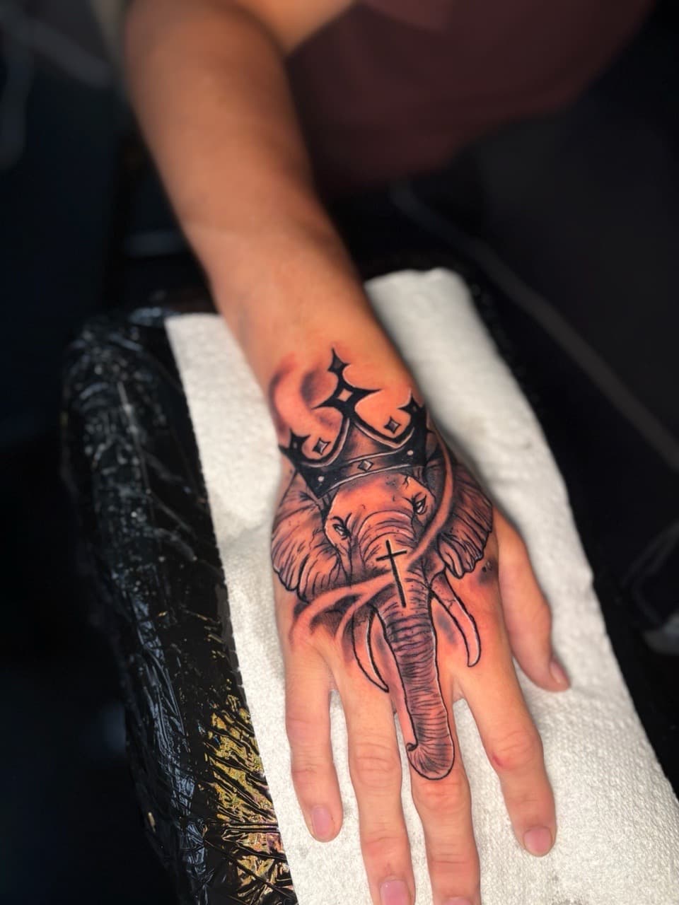 Black & Grey + Illustrative elephant tattoo on Hand by Lottooink on TattMe