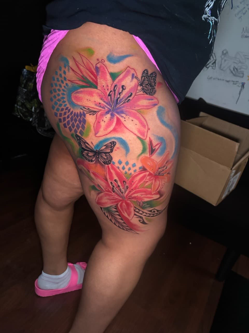 Floral + Color flowers tattoo on Thigh by Lottooink on TattMe