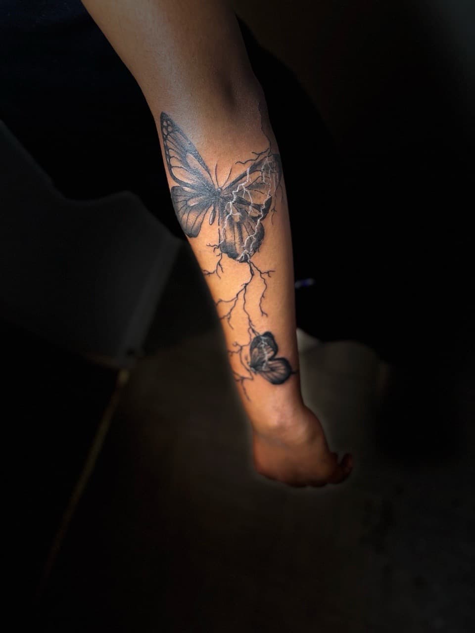 Black & Grey + Illustrative butterfly tattoo on Forearm by Lottooink on TattMe