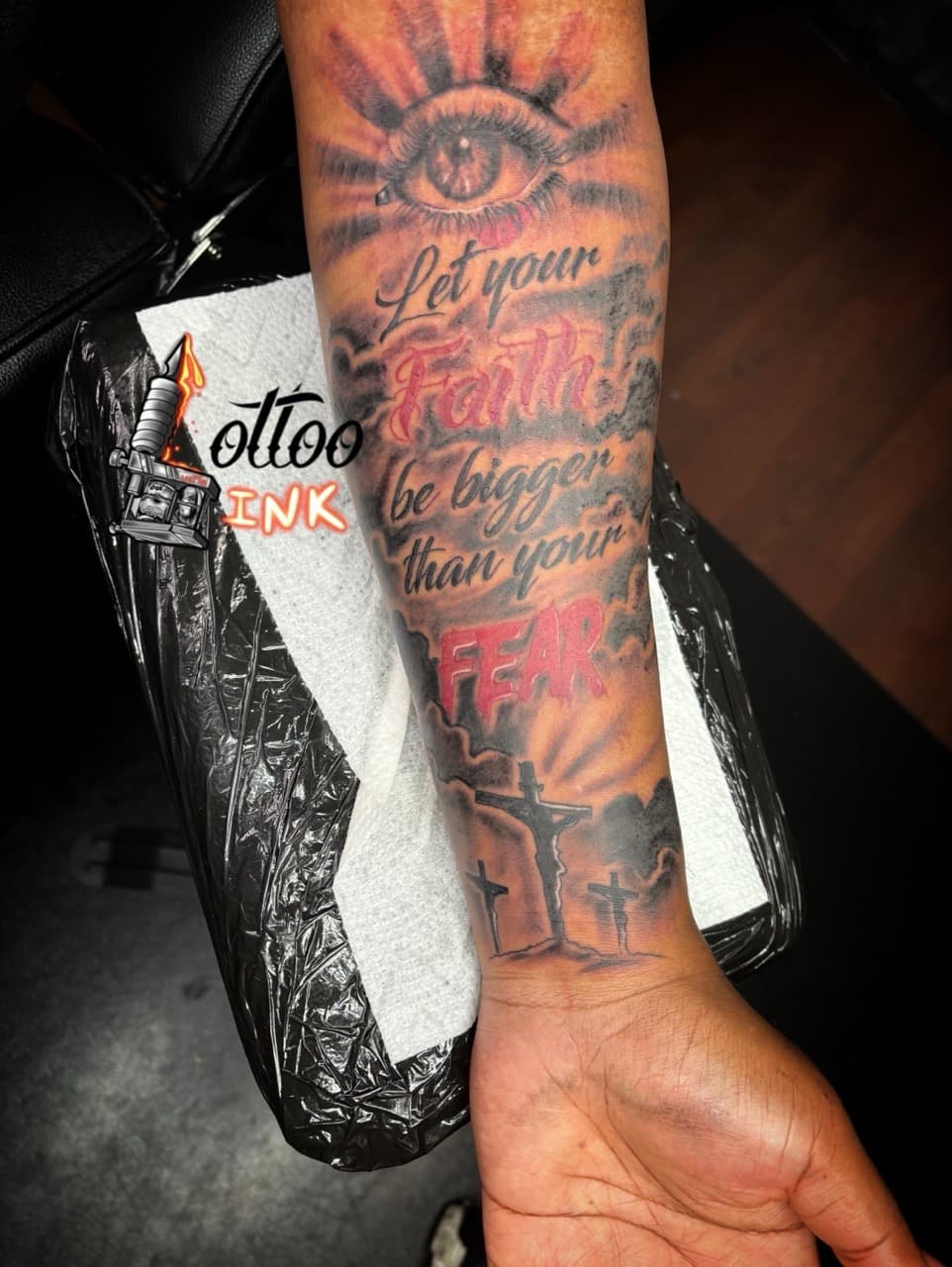 Black & Grey + Lettering eye tattoo on Forearm by Lottooink on TattMe