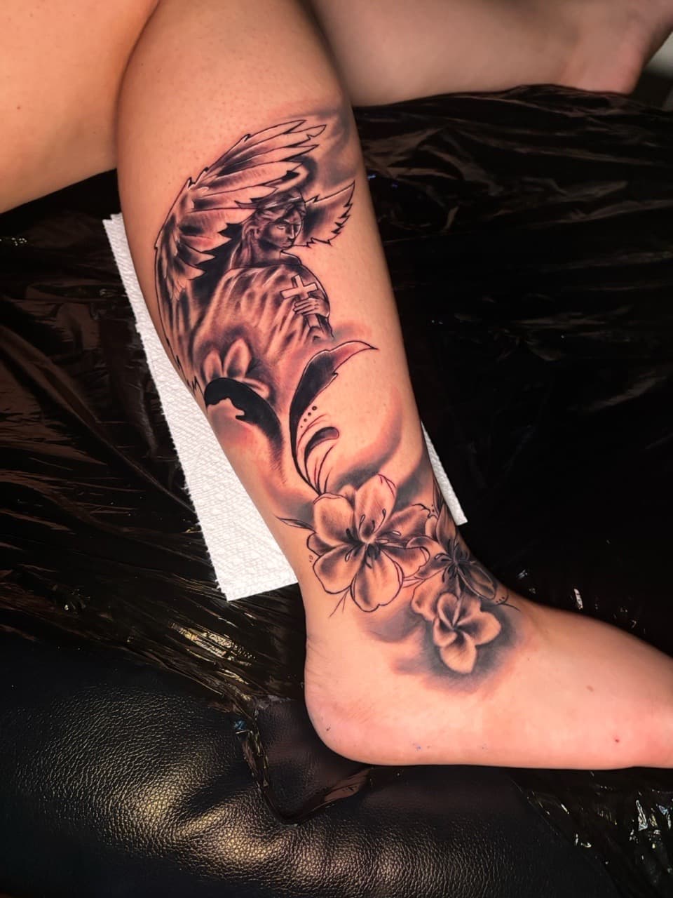 Black & Grey + Illustrative angel tattoo on Calf by Lottooink on TattMe