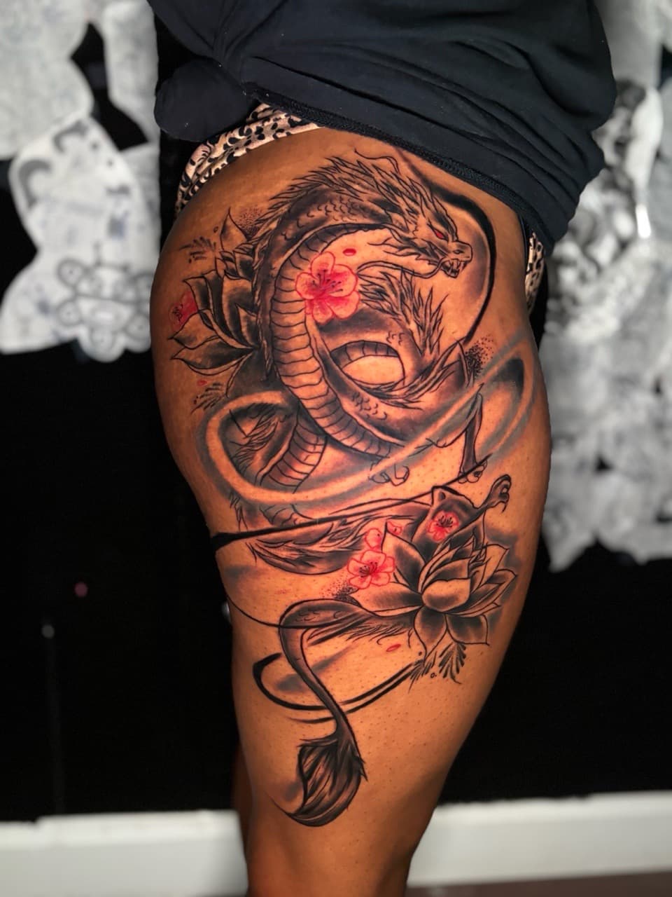 Japanese + Black & Grey dragon tattoo on Thigh by Lottooink on TattMe