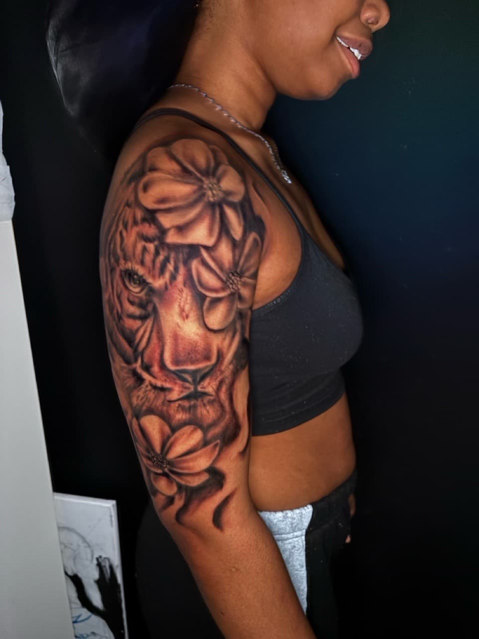 Realism + Black & Grey tiger tattoo on Upper Arm by Lottooink on TattMe