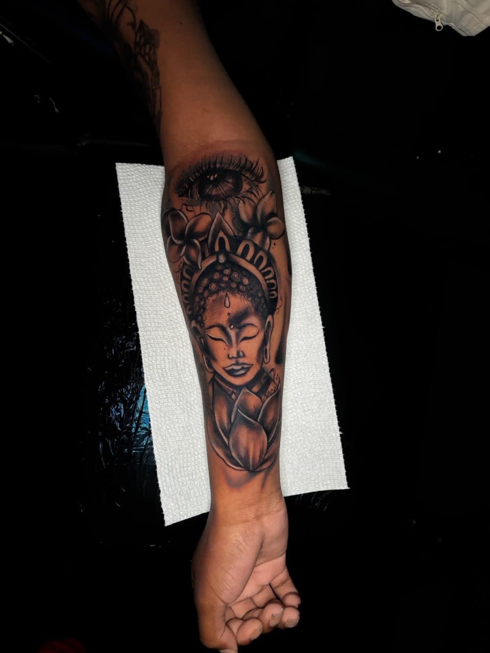 Black & Grey + Illustrative buddha tattoo on Forearm by Lottooink on TattMe