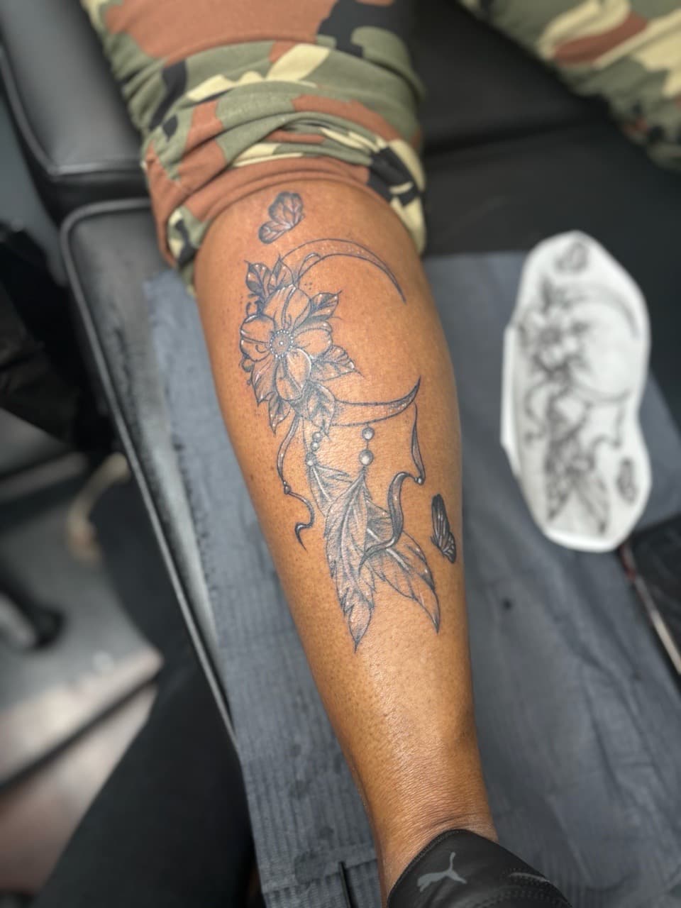 Fine Line + Black-work moon tattoo on Calf by Lottooink on TattMe
