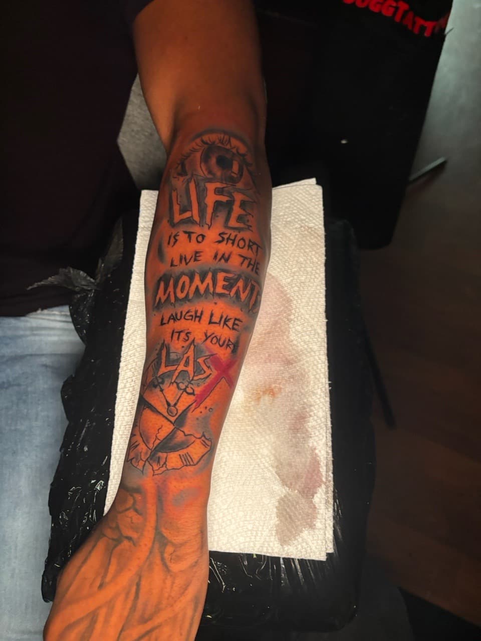 Lettering + Black & Grey eye tattoo on Forearm by Lottooink on TattMe