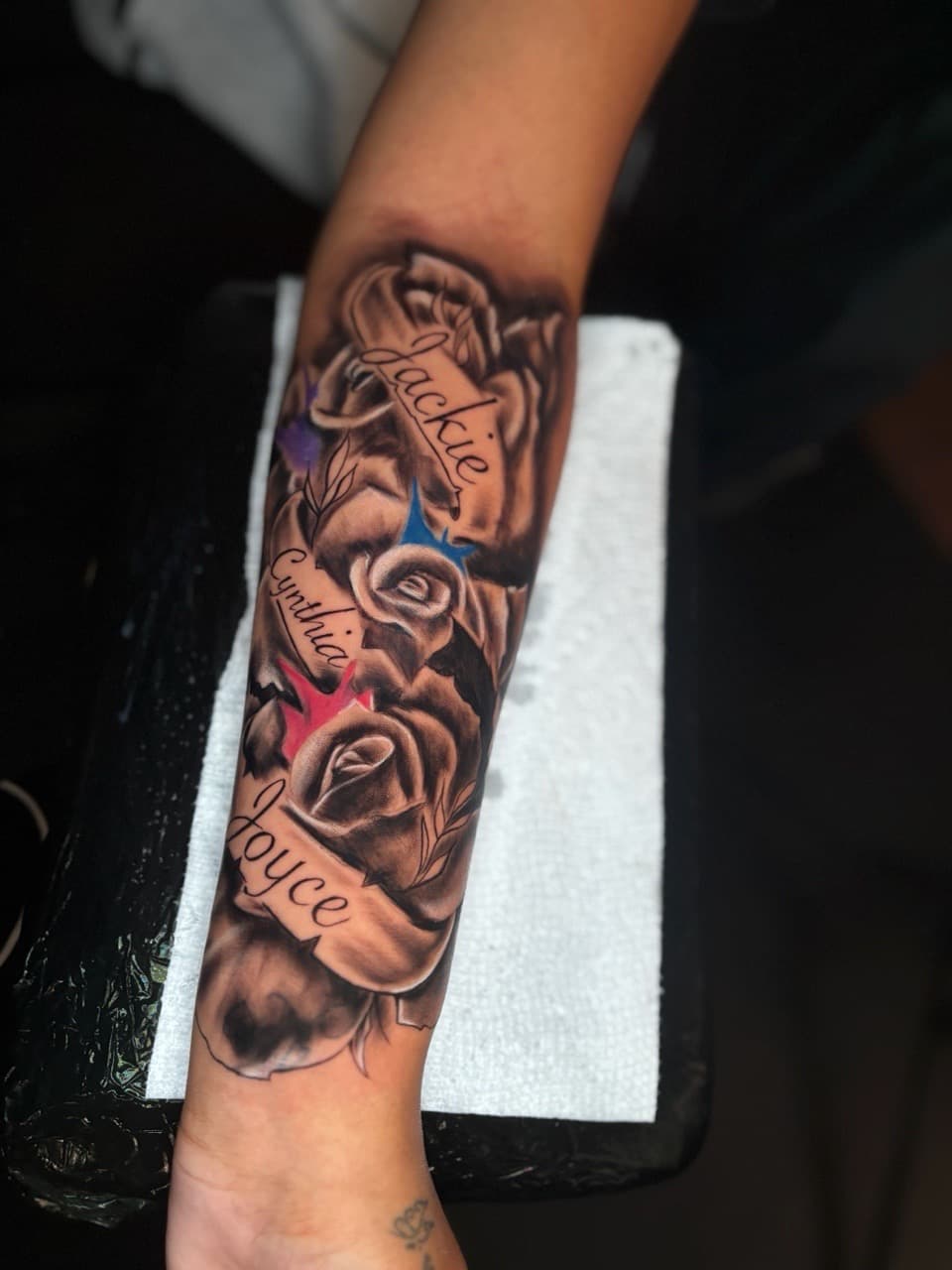 Black & Grey + Lettering roses tattoo on Forearm by Lottooink on TattMe