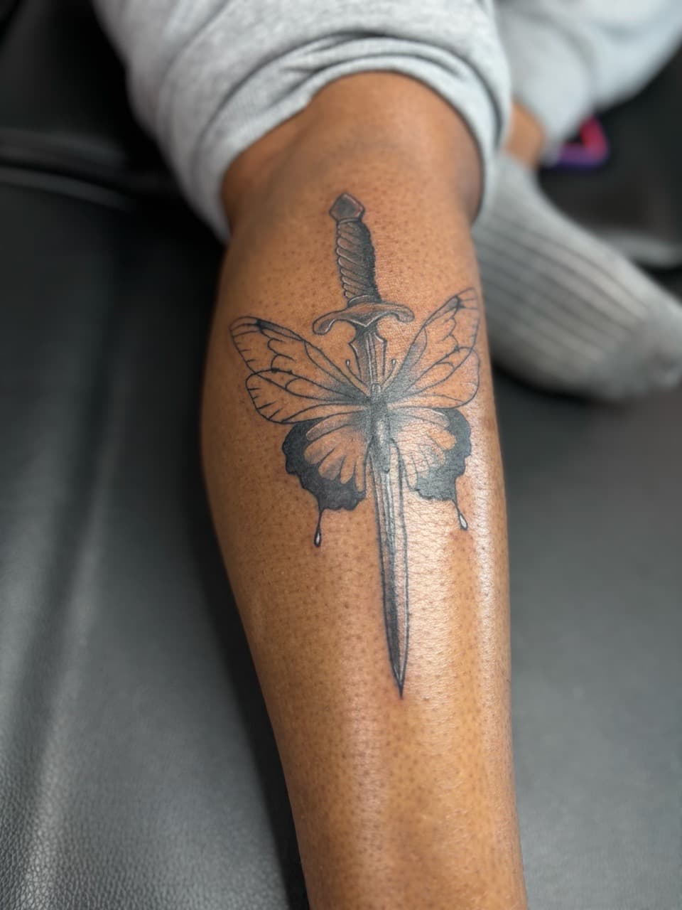 Black & Grey + Fine Line butterfly tattoo on Calf by Lottooink on TattMe