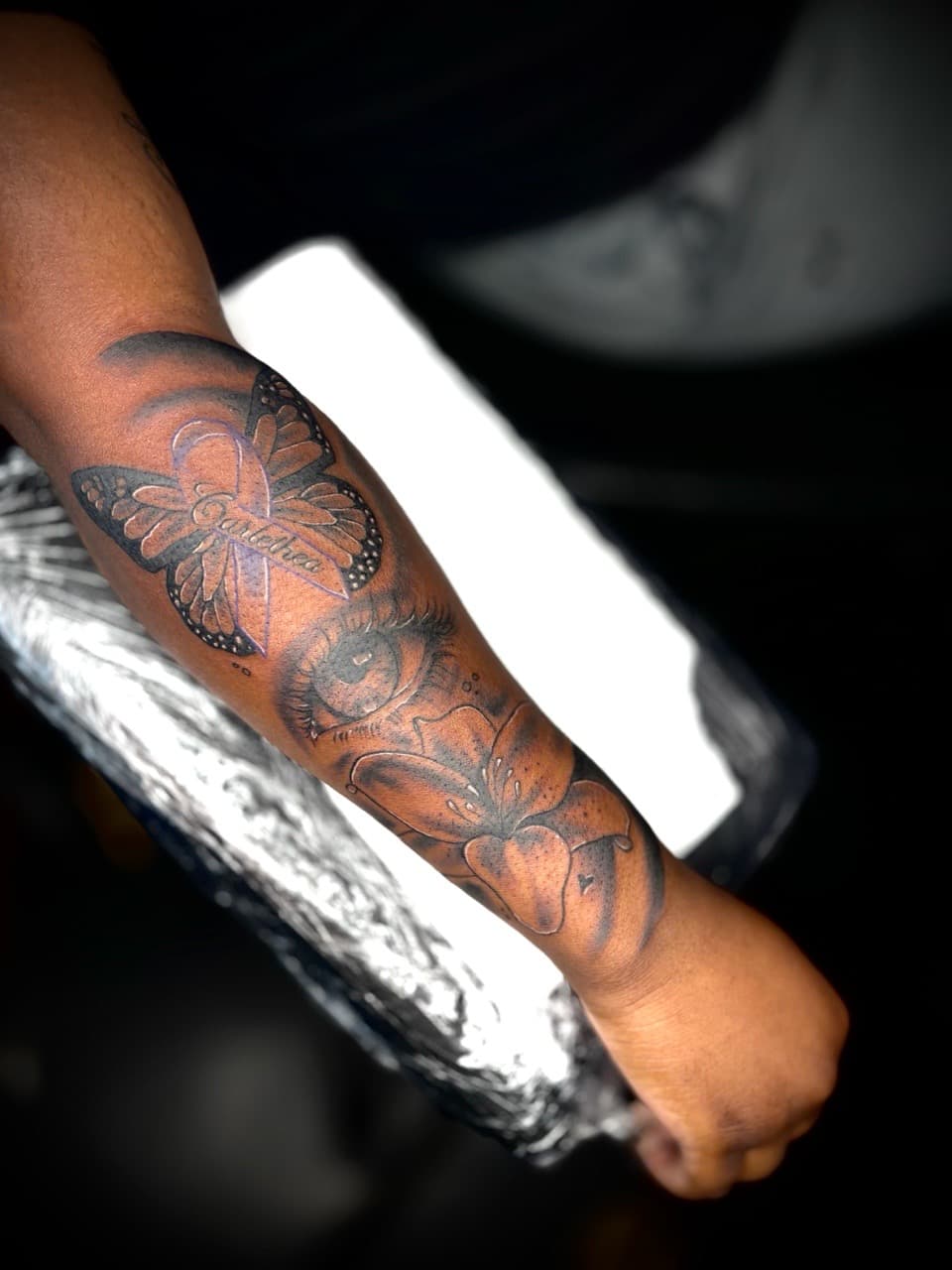 Black & Grey + Illustrative butterfly tattoo on Forearm by Lottooink on TattMe