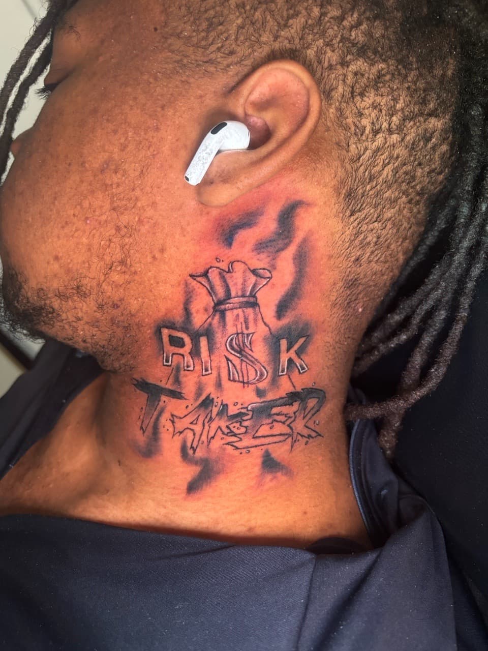 Black & Grey + Lettering money bag tattoo on Neck (Side) by Lottooink on TattMe