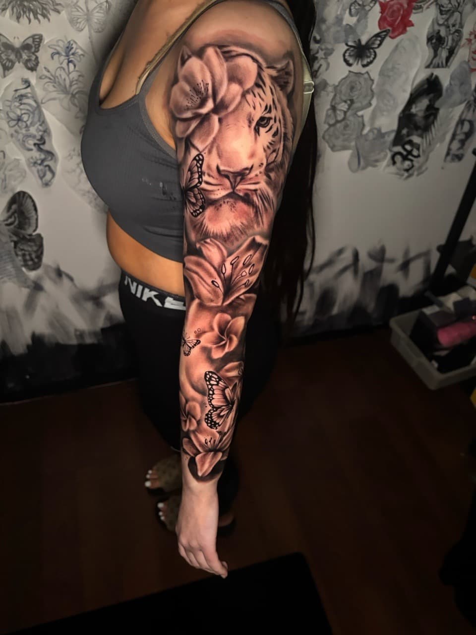 Black & Grey + Realism tiger tattoo on Full Sleeve by Lottooink on TattMe
