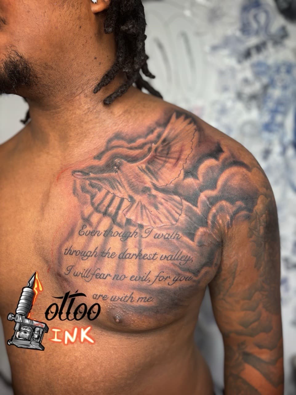 Black & Grey + Lettering dove tattoo on Chest by Lottooink on TattMe