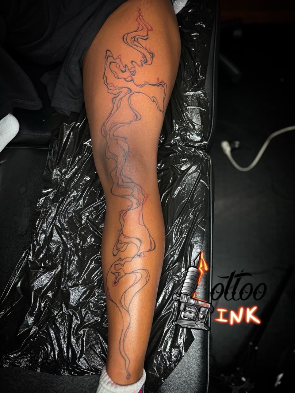 Line-work + Abstract smoke tattoo on Full Leg Sleeve by Lottooink on TattMe
