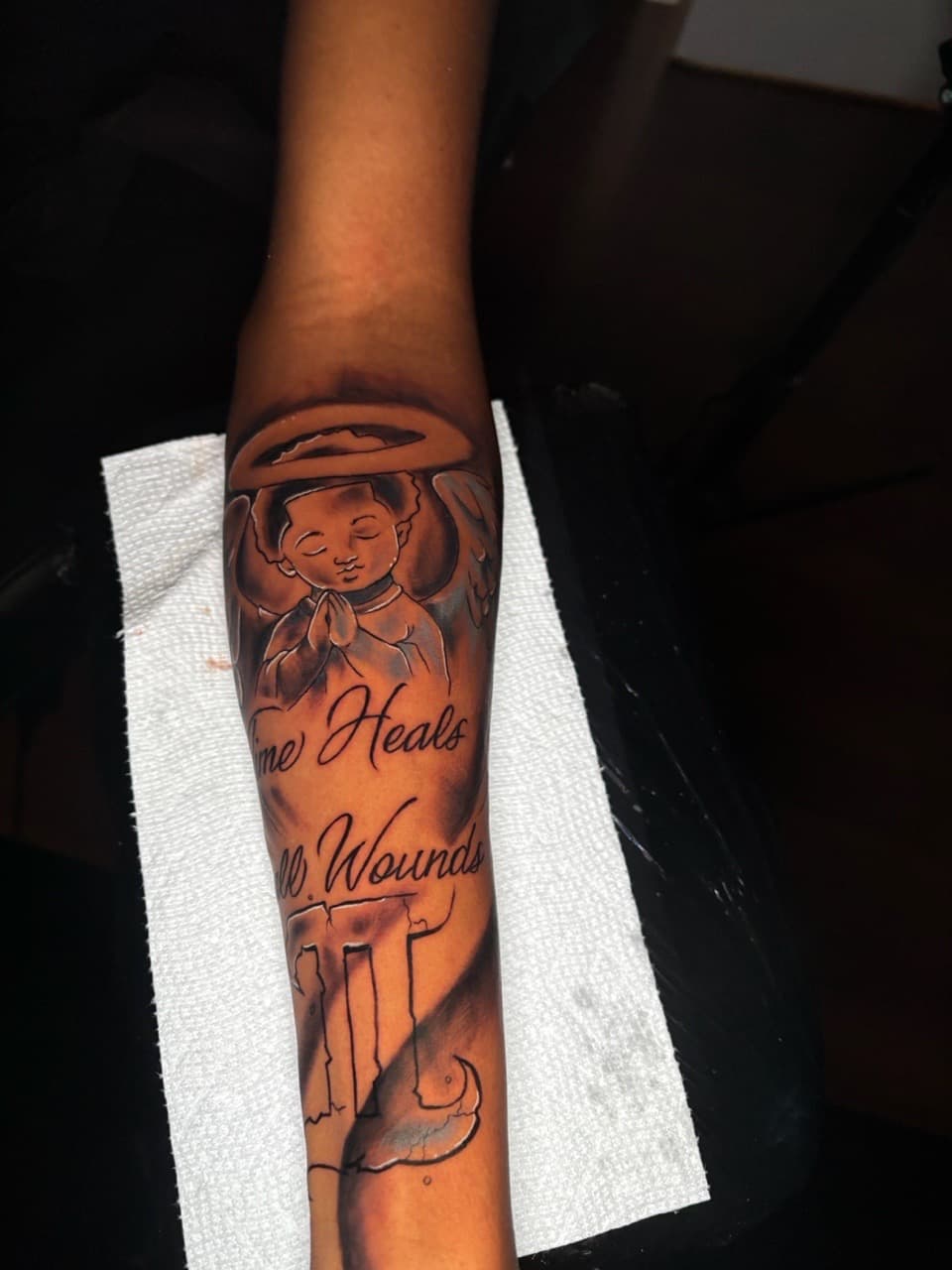 Black & Grey + Lettering angel tattoo on Forearm by Lottooink on TattMe