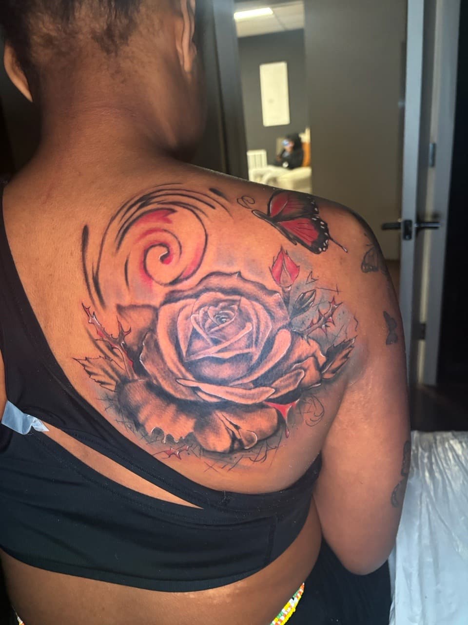 Floral + Color rose tattoo on Shoulder Blade by Lottooink on TattMe
