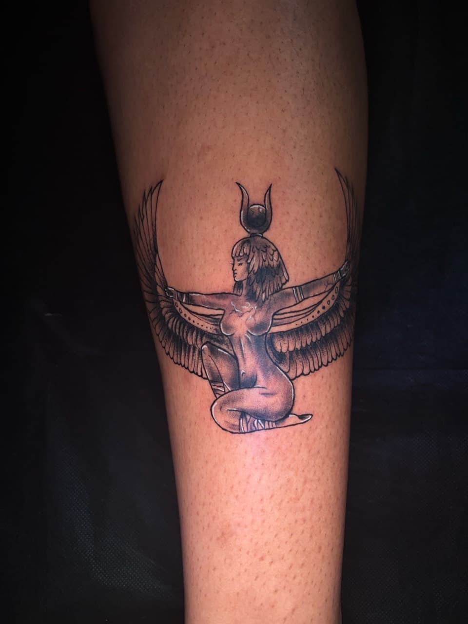 Black & Grey + Illustrative goddess tattoo on Calf by Lottooink on TattMe