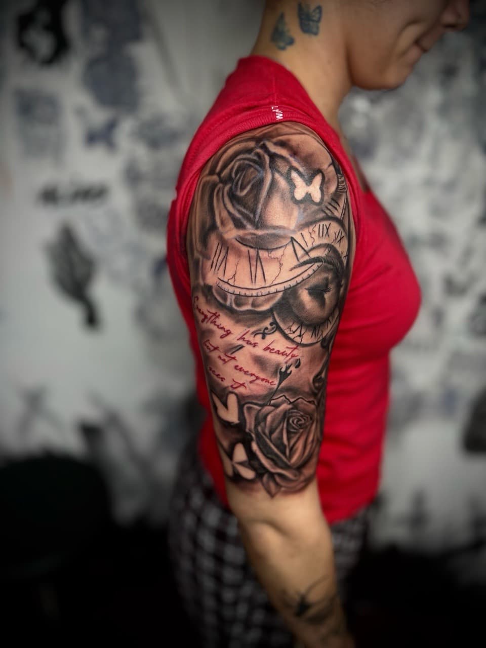 Black & Grey + Illustrative roses tattoo on Upper Arm by Lottooink on TattMe