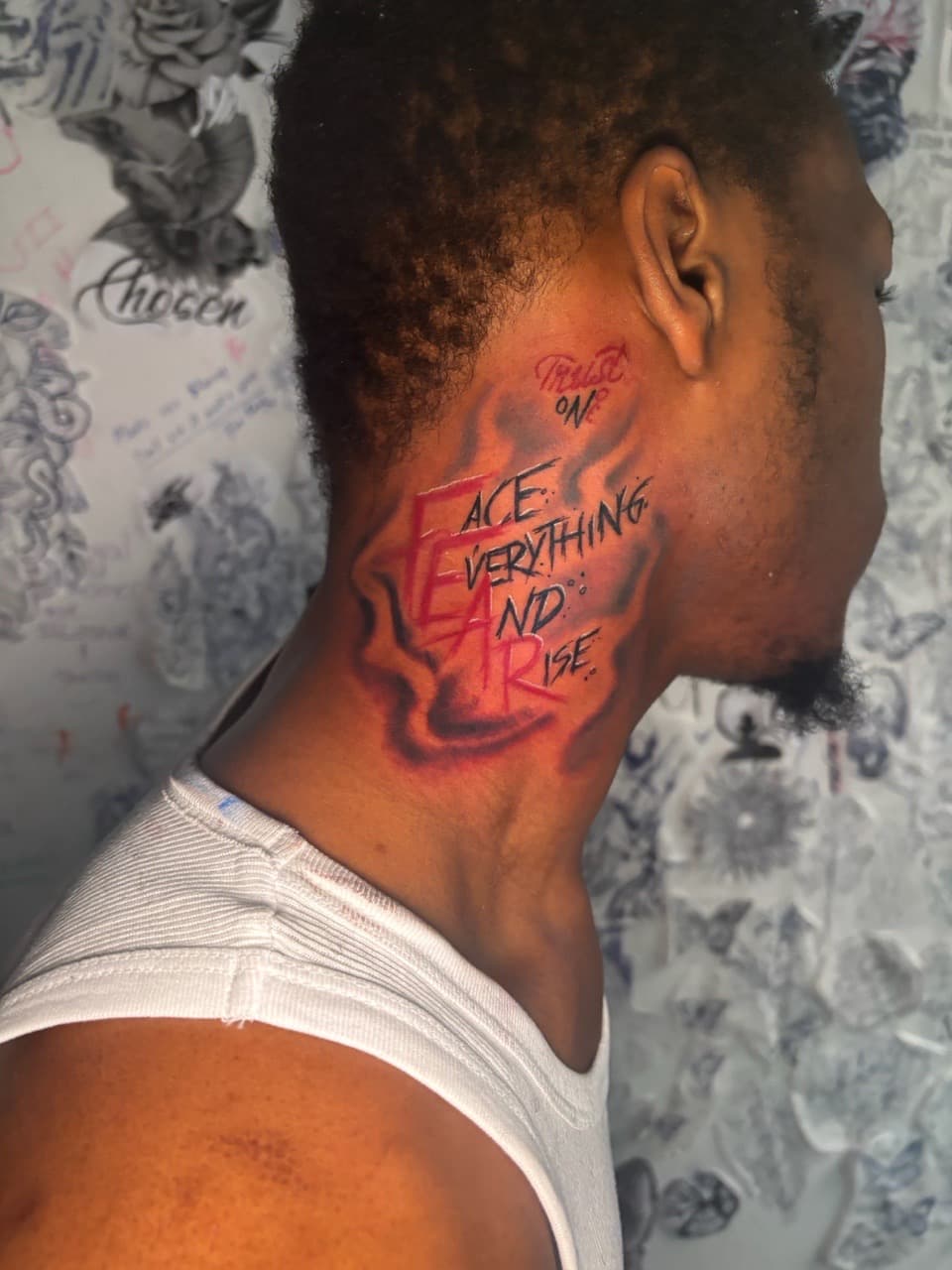 Lettering + Color quote tattoo on Neck (Side) by Lottooink on TattMe