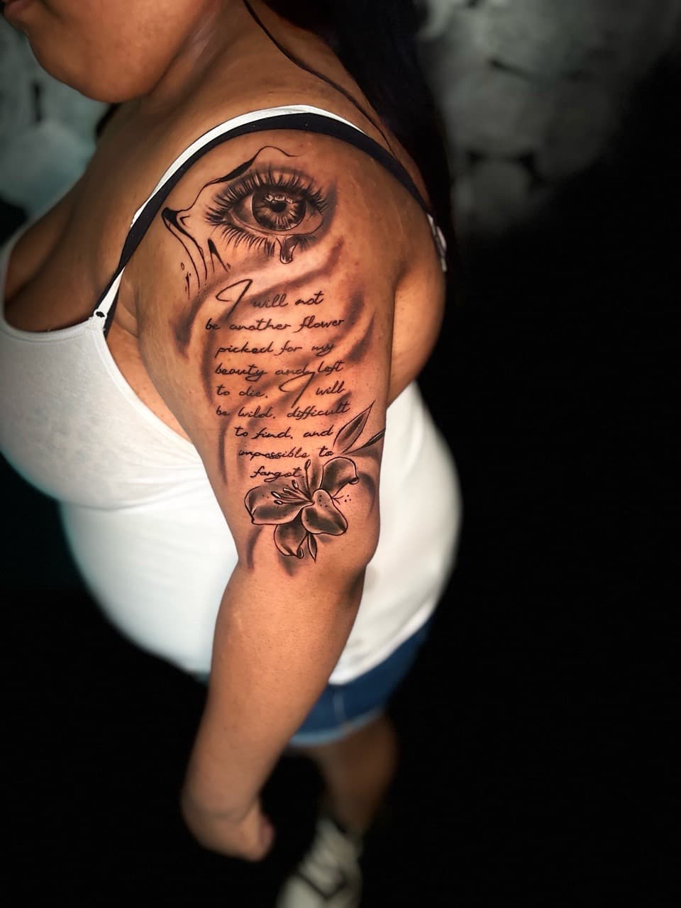 Black & Grey + Illustrative eye tattoo on Upper Arm by Lottooink on TattMe