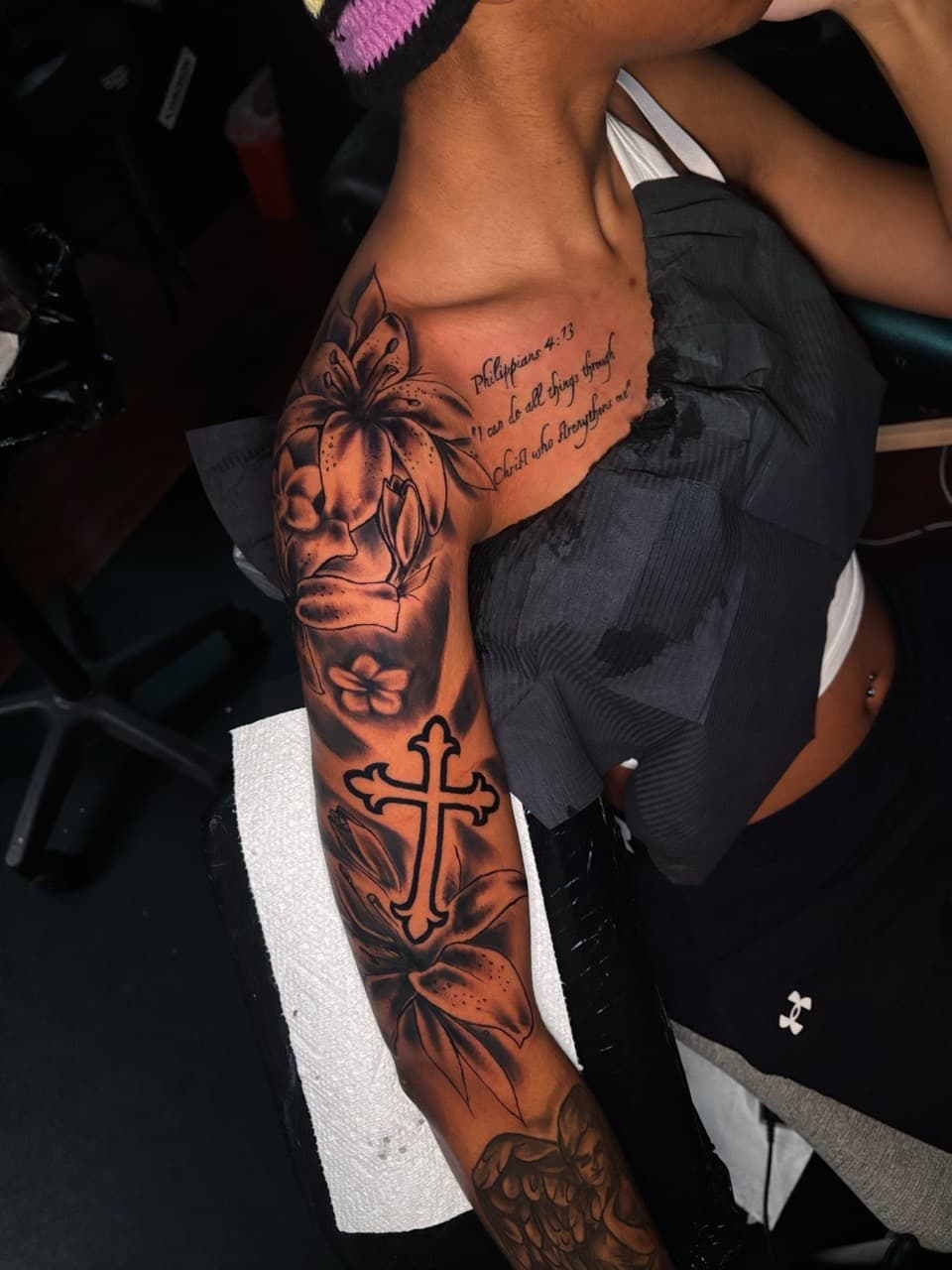 Black & Grey + Floral lilies tattoo on Full Sleeve by Lottooink on TattMe
