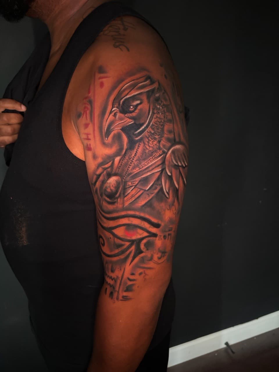 Black & Grey + Realism horus tattoo on Upper Arm by Lottooink on TattMe