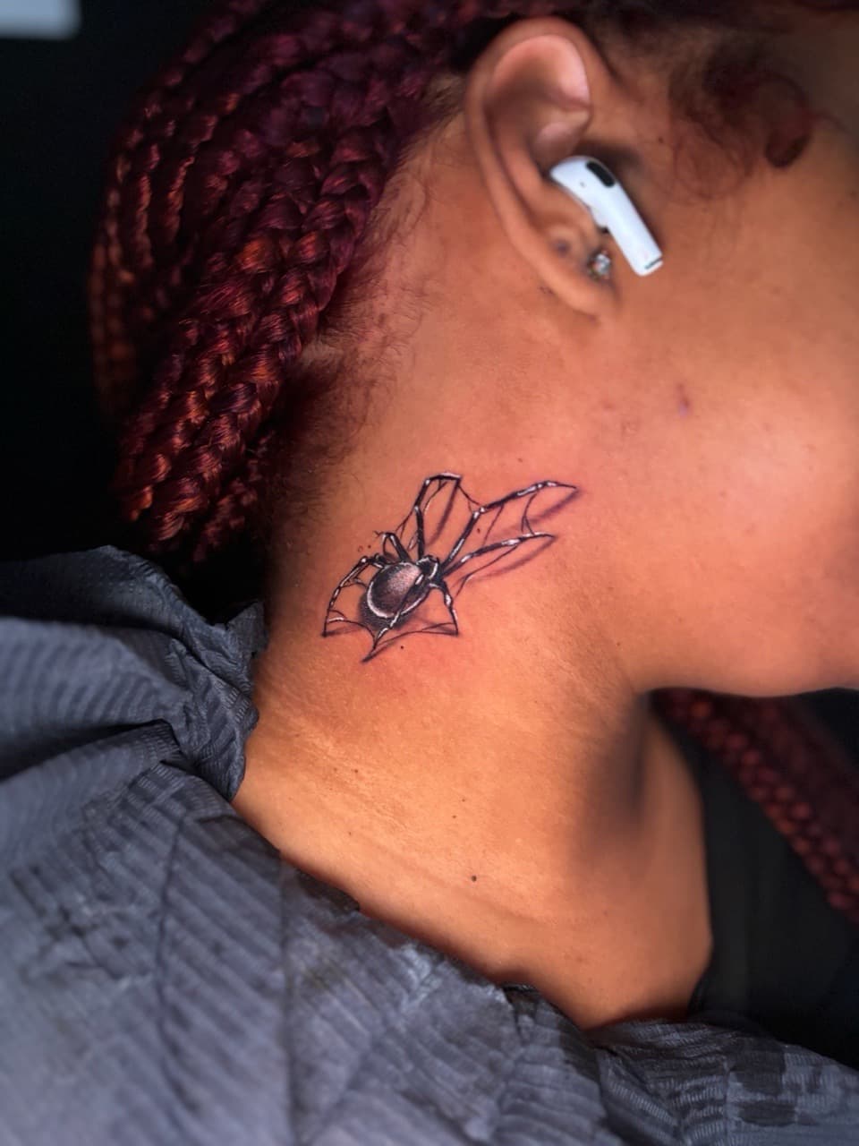 Black & Grey + Illustrative spider tattoo on Neck (Side) by Lottooink on TattMe