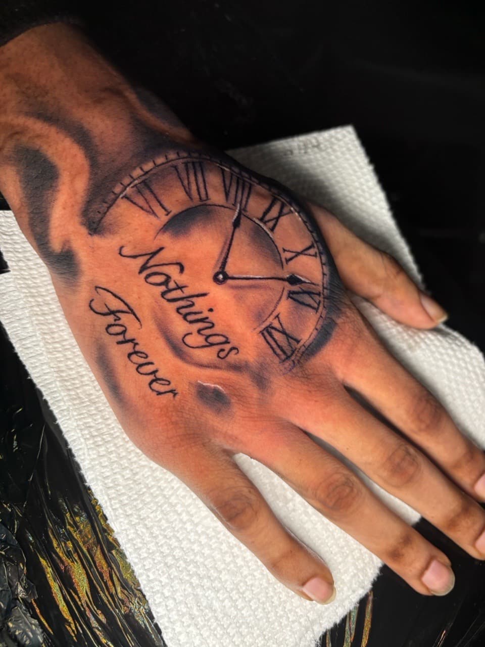 Black & Grey + Lettering clock tattoo on Hand by Lottooink on TattMe