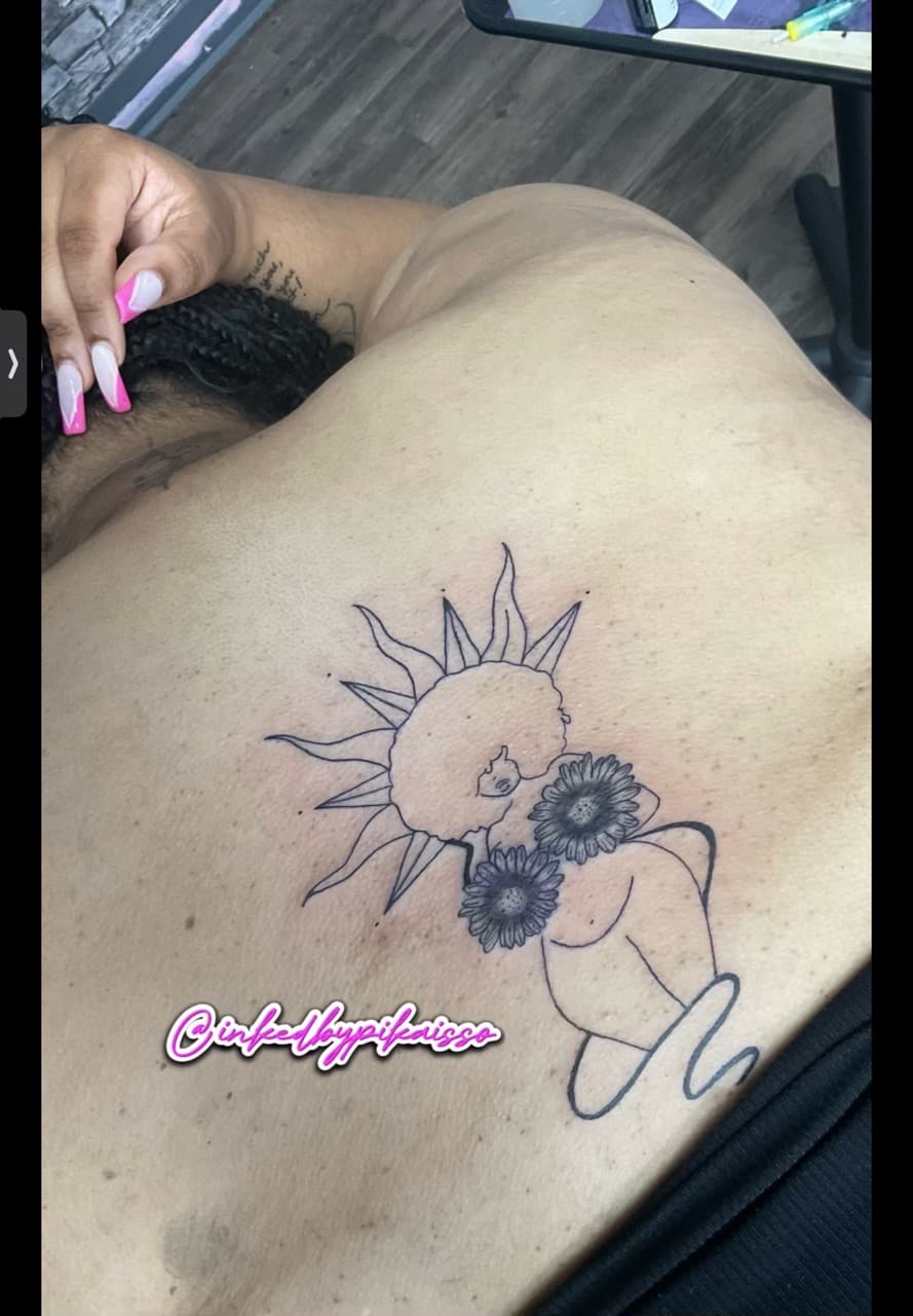 Fine Line + Illustrative sun tattoo on Sternum by PIKAISSO on TattMe