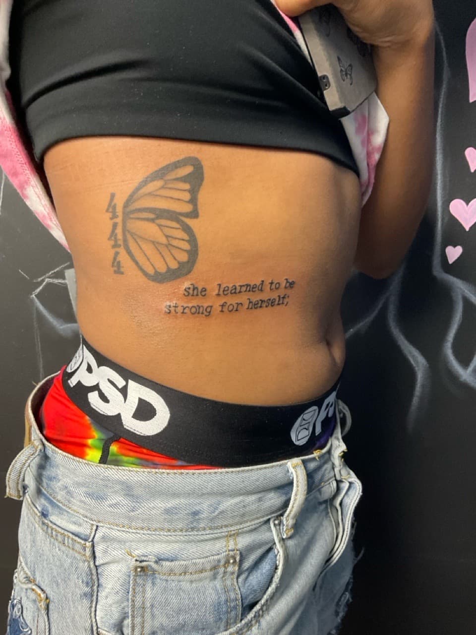 Fine Line + Lettering butterfly tattoo on Ribs by PIKAISSO on TattMe