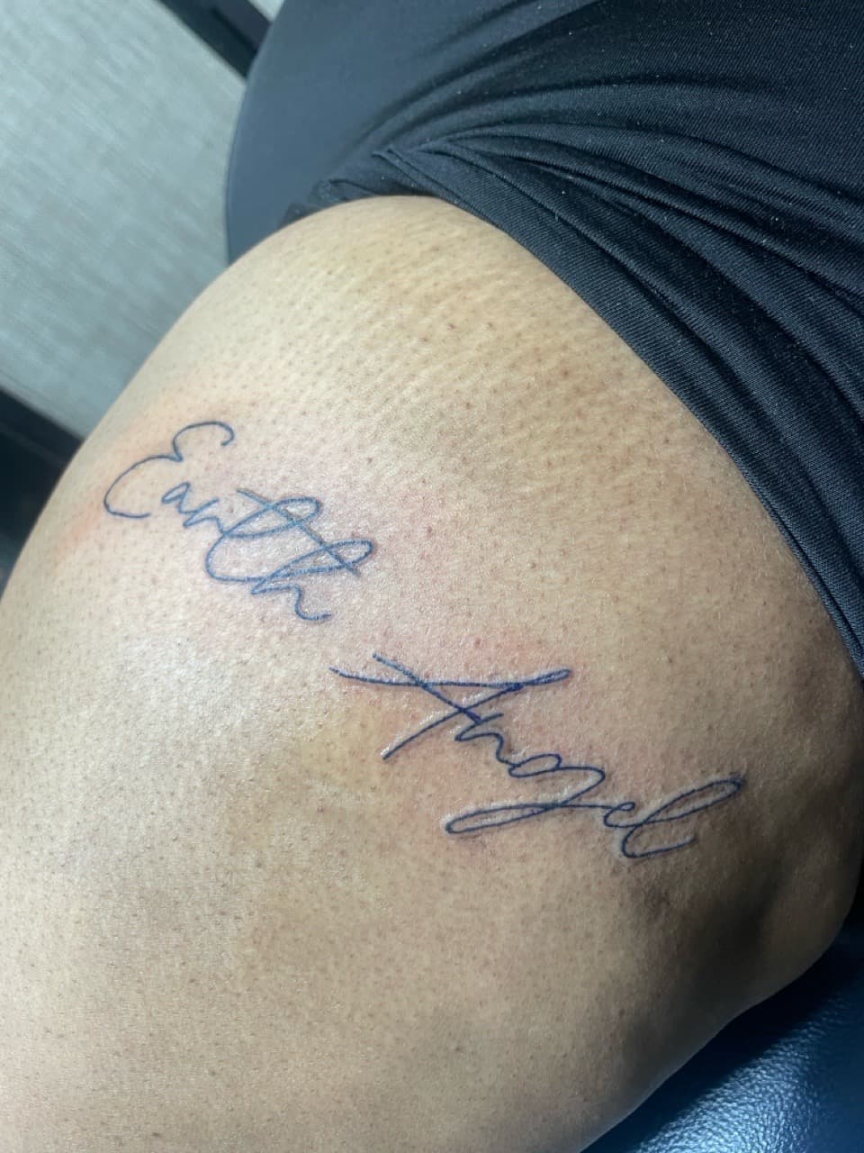 Lettering + Script earth tattoo on Thigh by PIKAISSO on TattMe