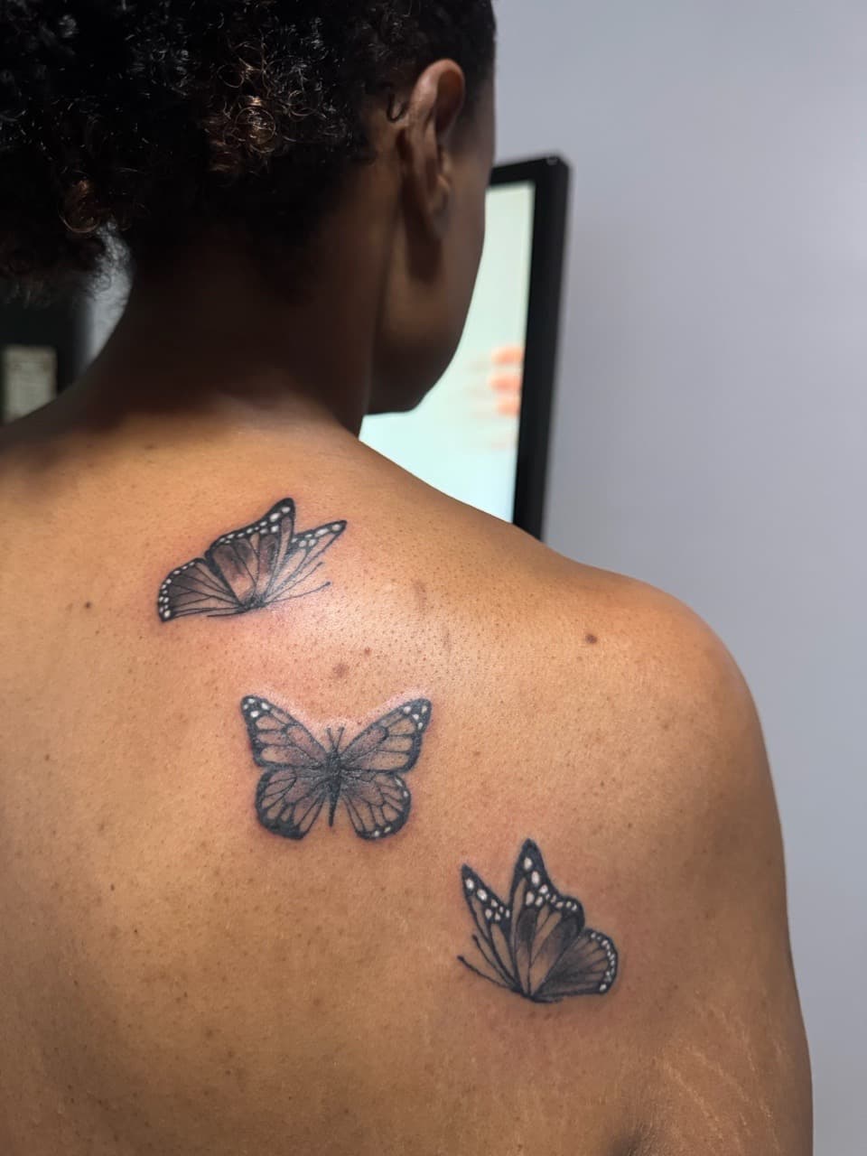 Fine Line + Black & Grey butterflies tattoo on Shoulder Blade by PIKAISSO on TattMe