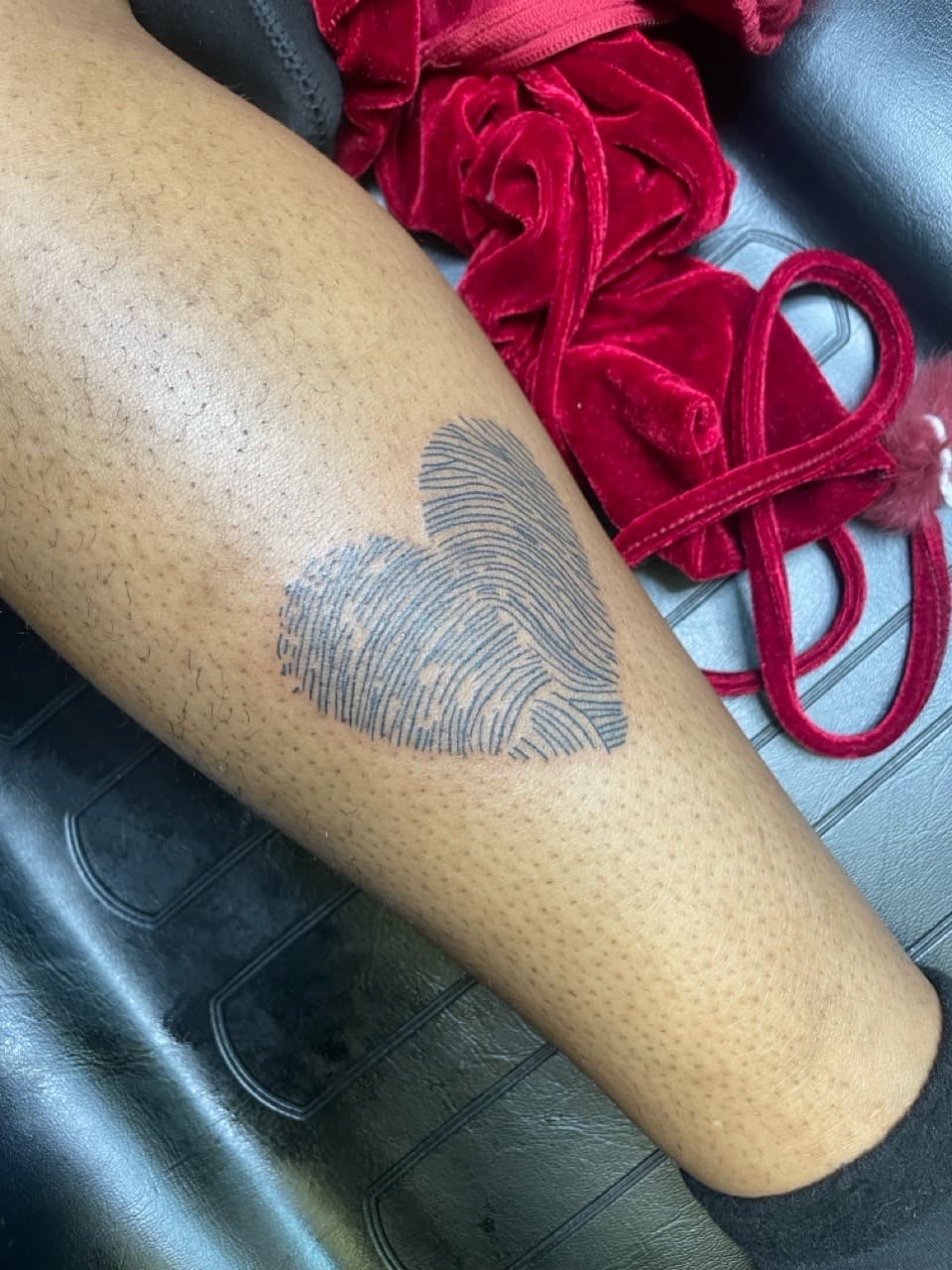 Fine Line + Black-work heart tattoo on Calf by PIKAISSO on TattMe