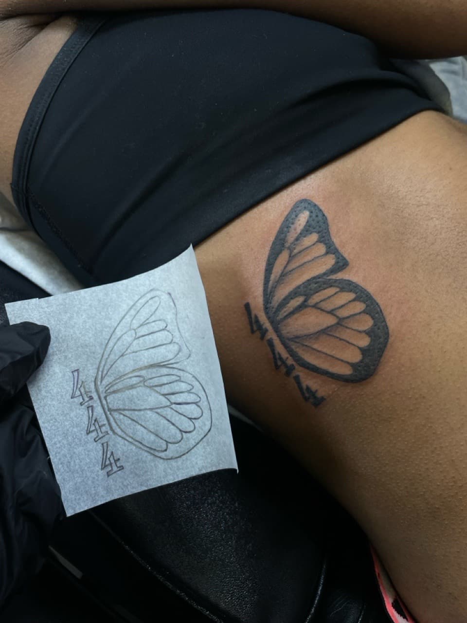 Fine Line + Black & Grey butterfly tattoo on Hip by PIKAISSO on TattMe