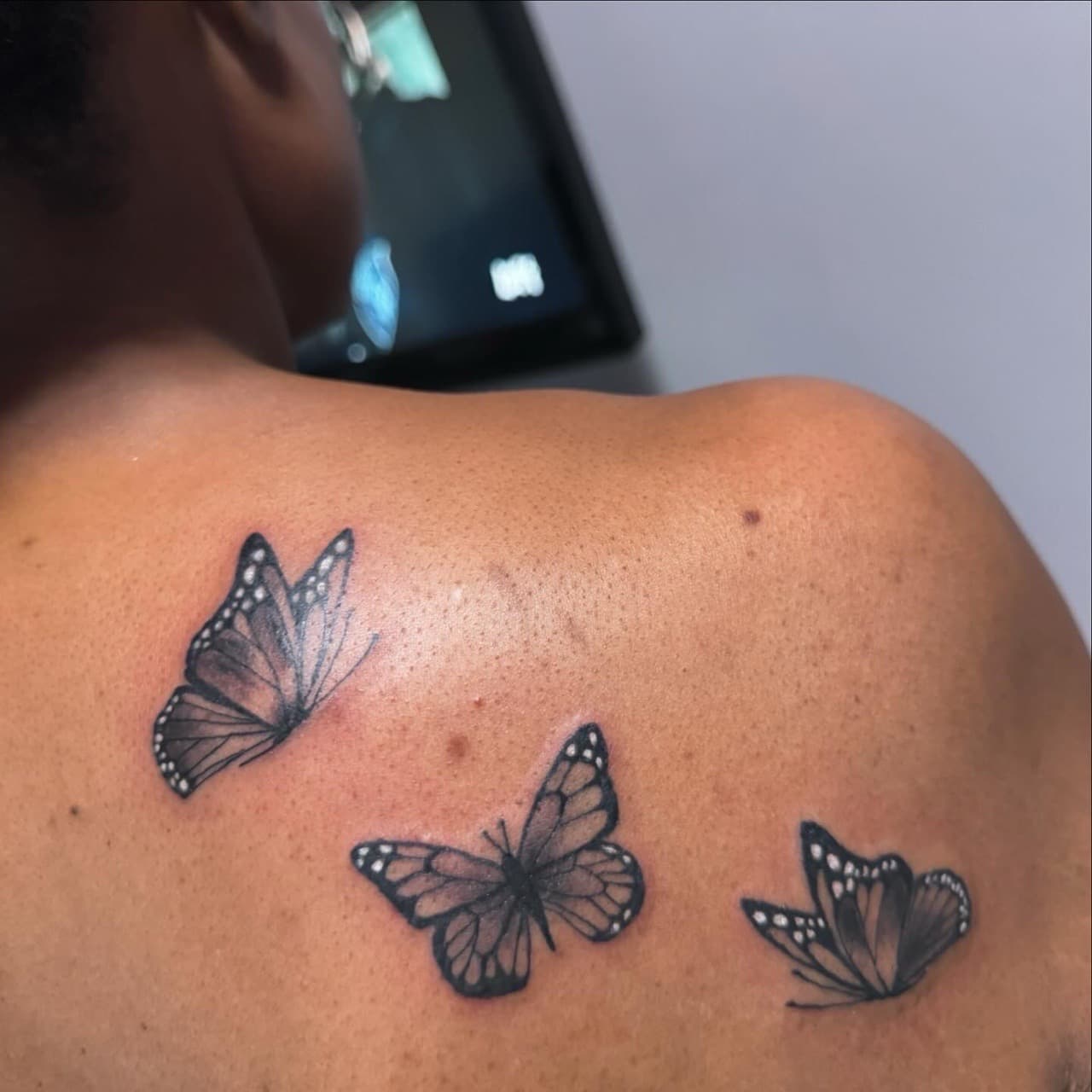 Fine Line + Black & Grey butterflies tattoo on Shoulder Blade by PIKAISSO on TattMe