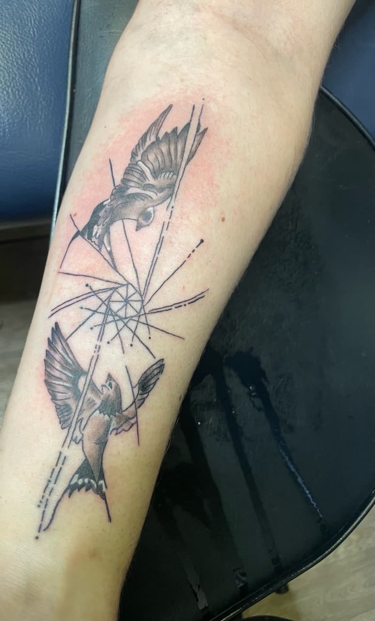 Black & Grey + Line-work birds tattoo on Forearm by PIKAISSO on TattMe