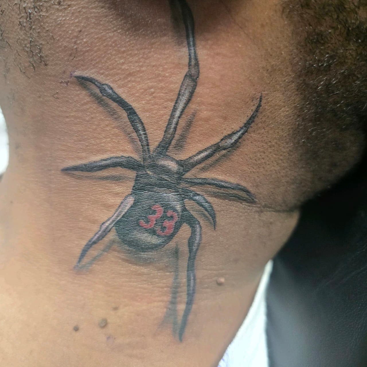 Realism + Black & Grey spider tattoo on Neck (Back) by Mars_Inko on TattMe